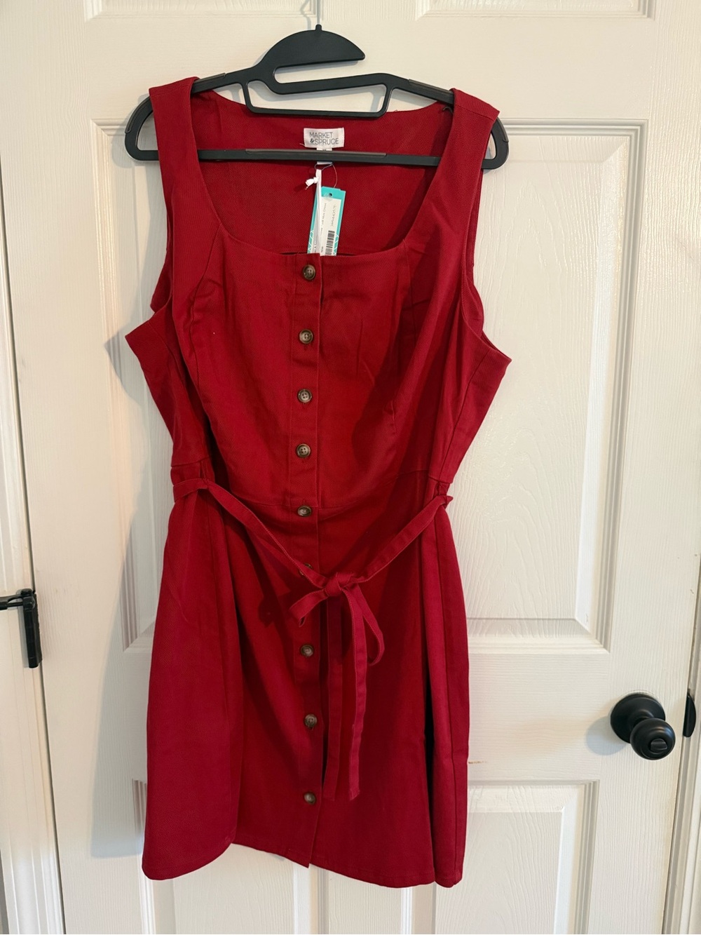 Market & Spruce Red Button-Front Tie-Waist Mini Dress